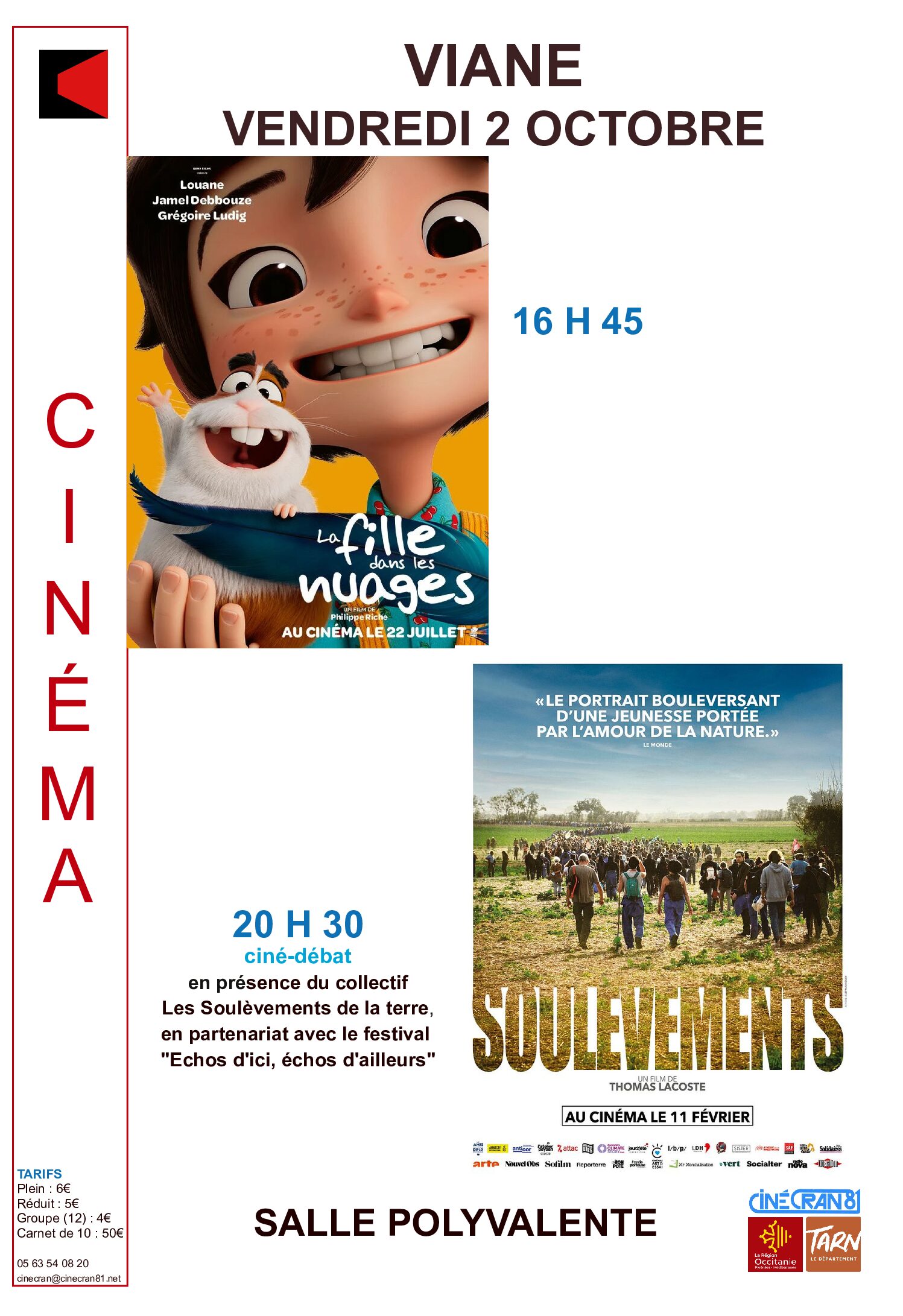 Cinéma Vendredi 2 octobre à la salle polyvalente de Viane
