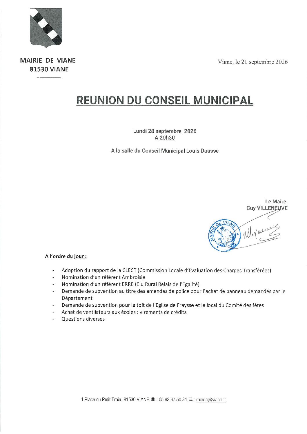 Conseil Municipal le lundi 28 septembre à 20h30 à la salle du Conseil Municipal Louis Dausse
