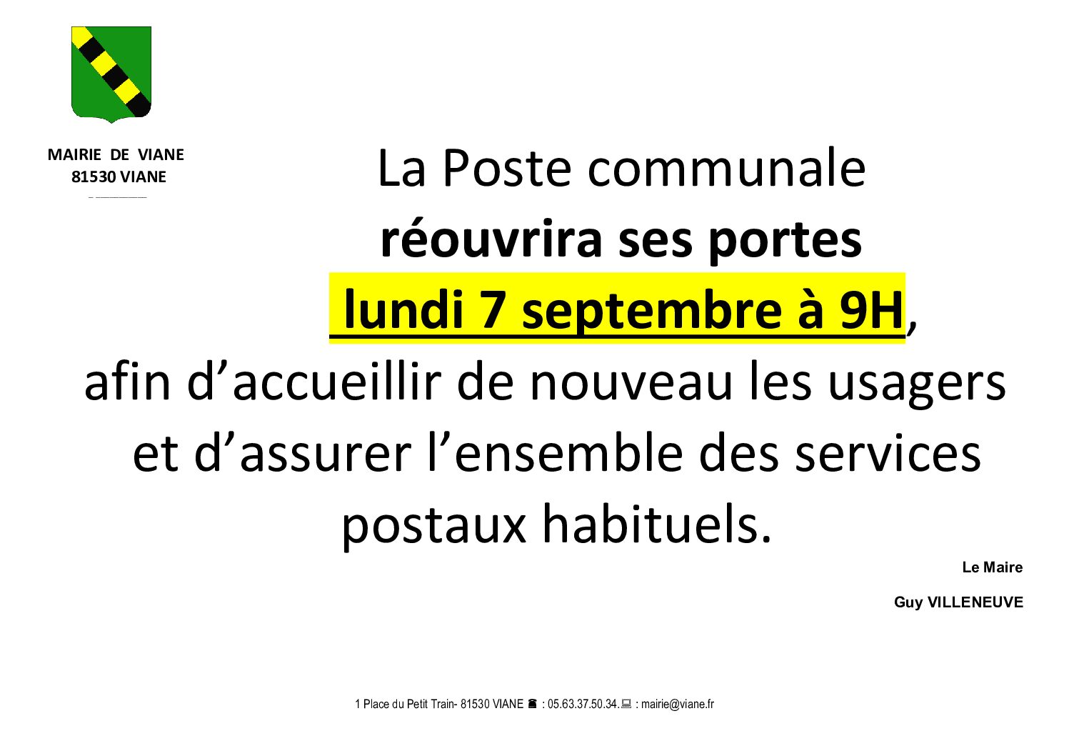 Réouverture de la Poste communale le 07/09 à 9h