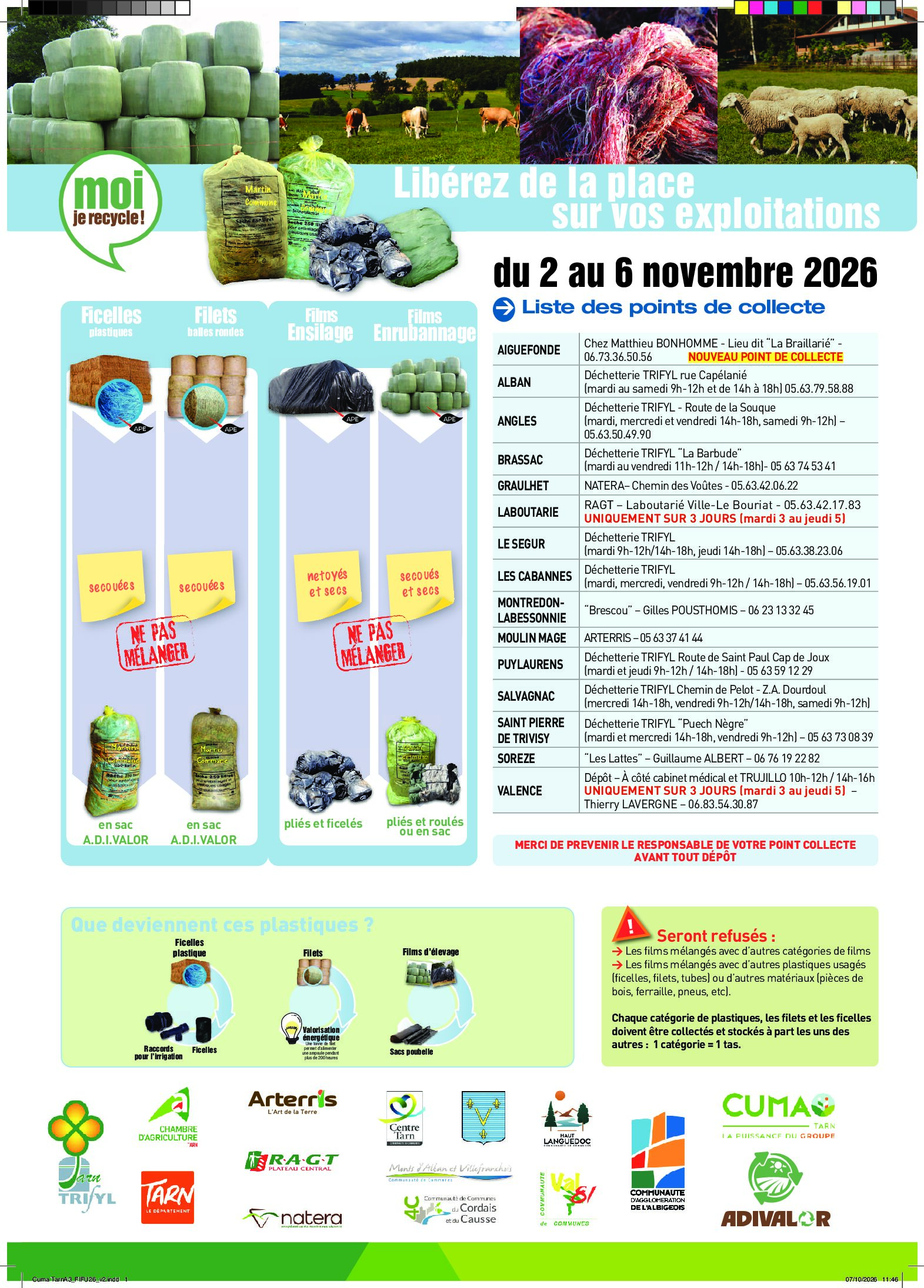 Collecte de plastiques agricoles du 2 au 6 novembre 2026 organisé par la CUMA du Tarn